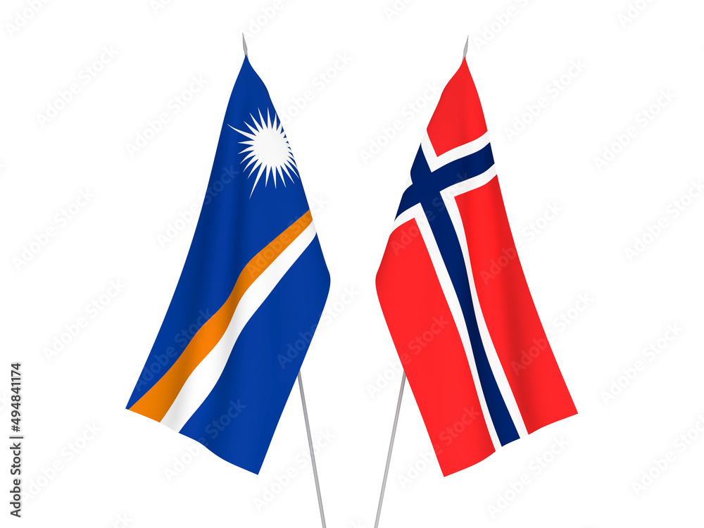 National fabric flags of Norway and Republic of the Marshall Islands isolated on white background. 3d rendering illustration.