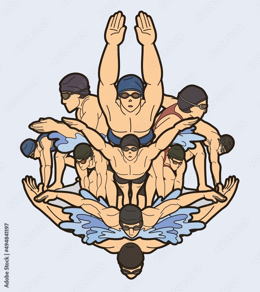 Group of People Swimming Action Swimmer Pose Mix Cartoon Sport Graphic Vector