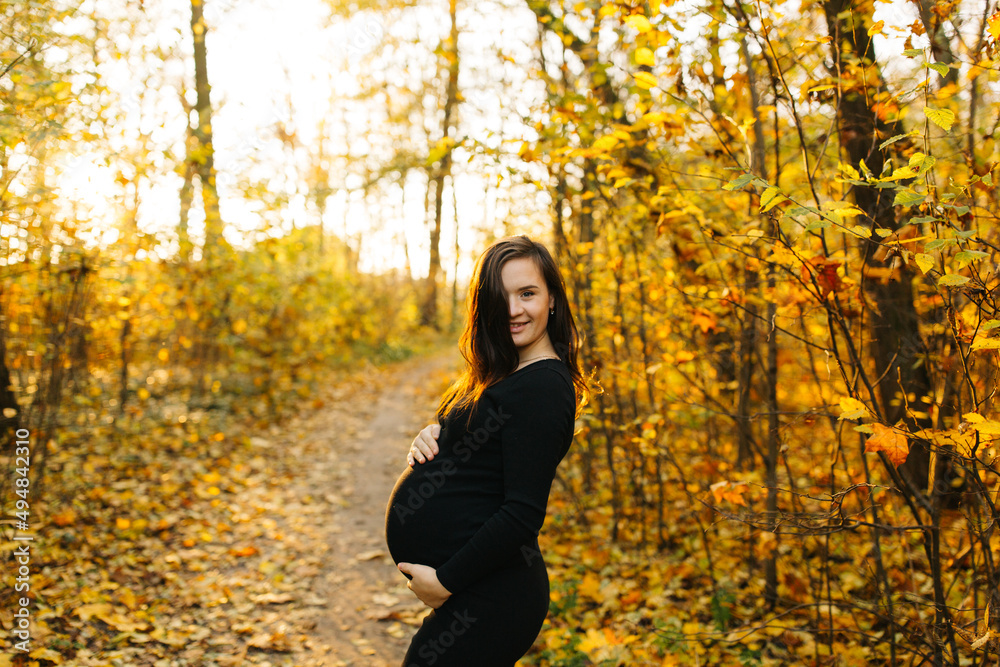 Beautiful pregnant woman in a black dress in the autumn park. Golden autumn. Fallen leaves. Awaiting the birth of a child.