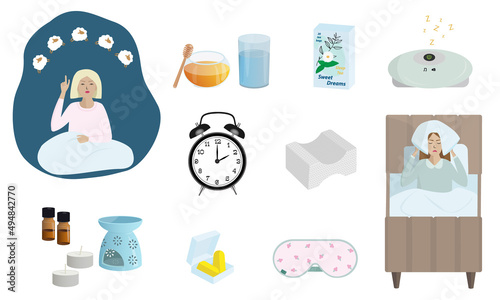 Sleeplessness insomnia isolated vector illustration set