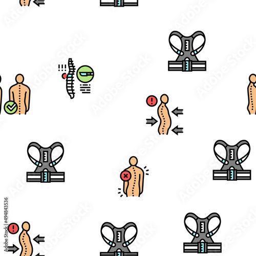 Scoliosis Disease Collection Icons Set Vector. Corset And Surgery Medical Operation For Treatment Kyphosis And Scoliosis Health Problem Black Contour Illustrations