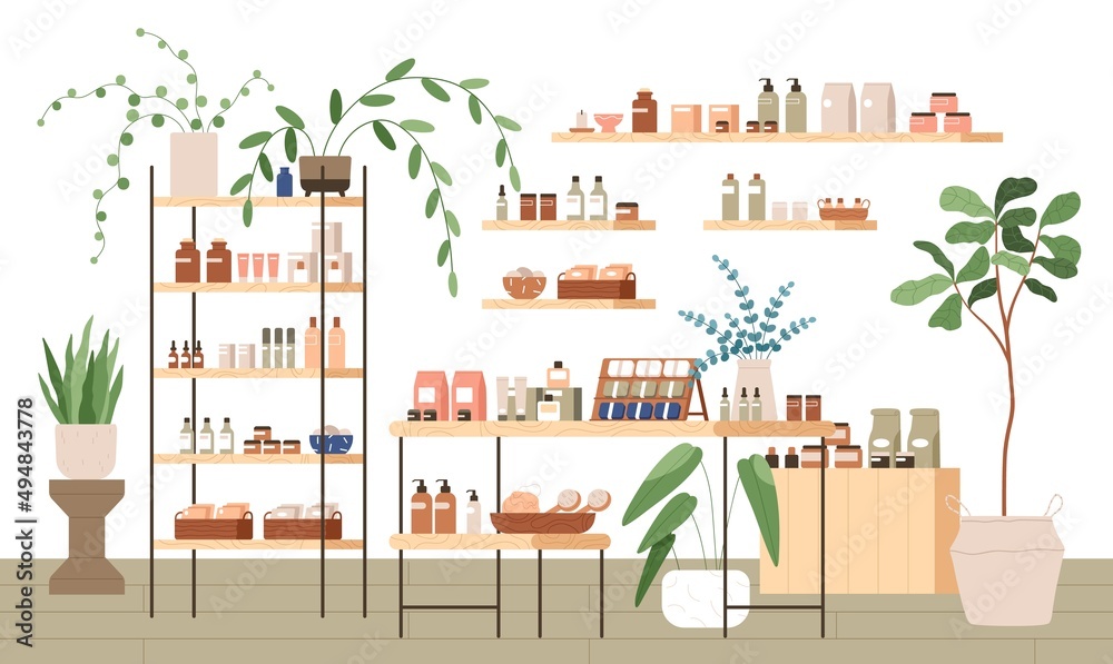 Eco cosmetic store interior with organic natural beauty products. Inside zero waste green shop with shelves, showcase, vegan cosmetics, plants. Flat vector illustration isolated on white background