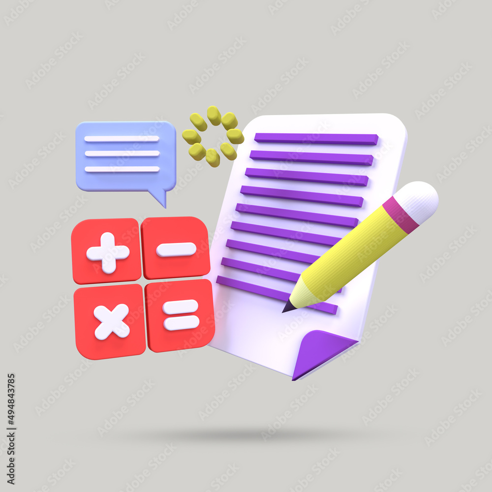 check list with clipboard, calculator, pencil illustration for business idea concept isolated on colorful background,3D,render check list with clipboard, calculator, pencil illustration for business idea concept isolated on colorful background,3D,render