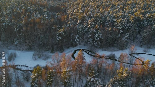 Winter snow-covered coniferous and mixed forest. Top view from a drone