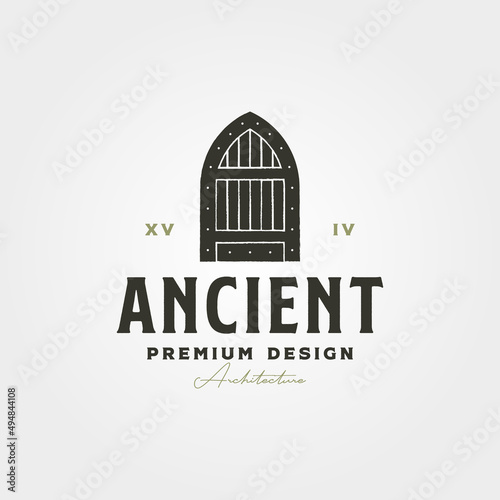 ancient door logo vintage vector symbol illustration design, wooden door logo design