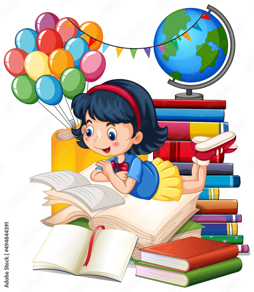 A girl reading books on a stack of books A girl reading books on a stack of books