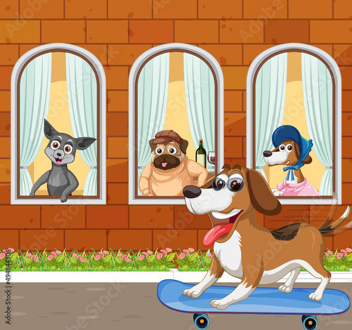 Outdoor scene with domestic animals cartoon character