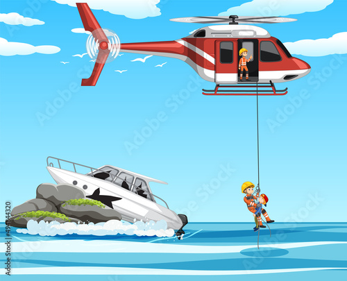 Ocean scene with firerman rescue in cartoon style