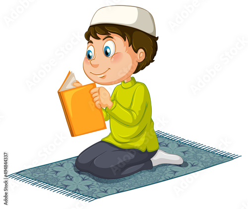 Muslim boy reading book on white background