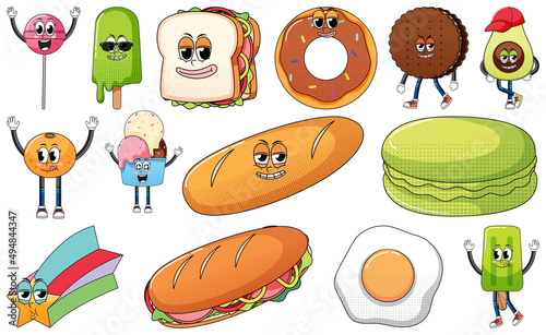 Set of facial expression with vintage style food cartoon on white background