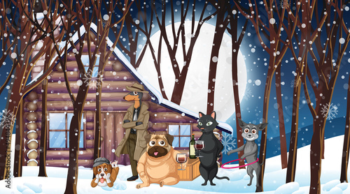 Set of different domestic animals with snow in forest