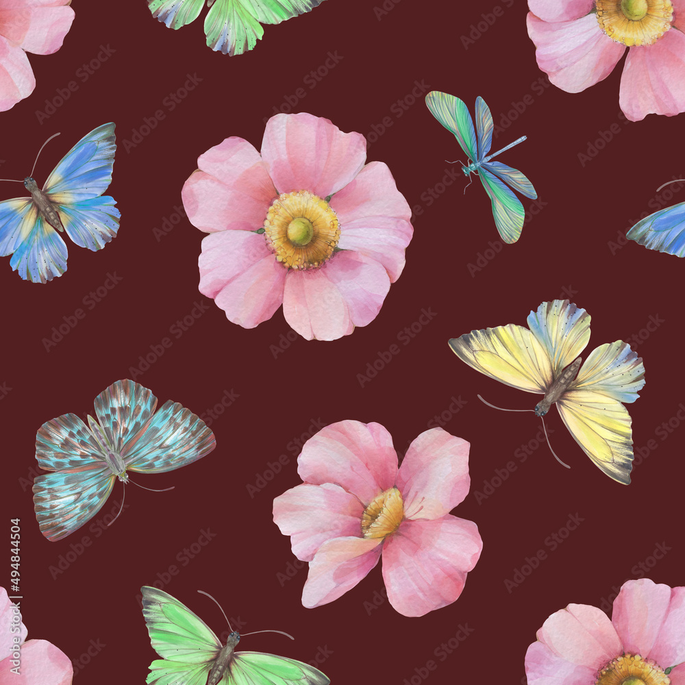 Obraz premium Seamless ornament for wrapping paper, design, print. Abstract Delicate flowers and butterflies are painted with watercolors, digitally processed. Botanical pattern on an abstract background.