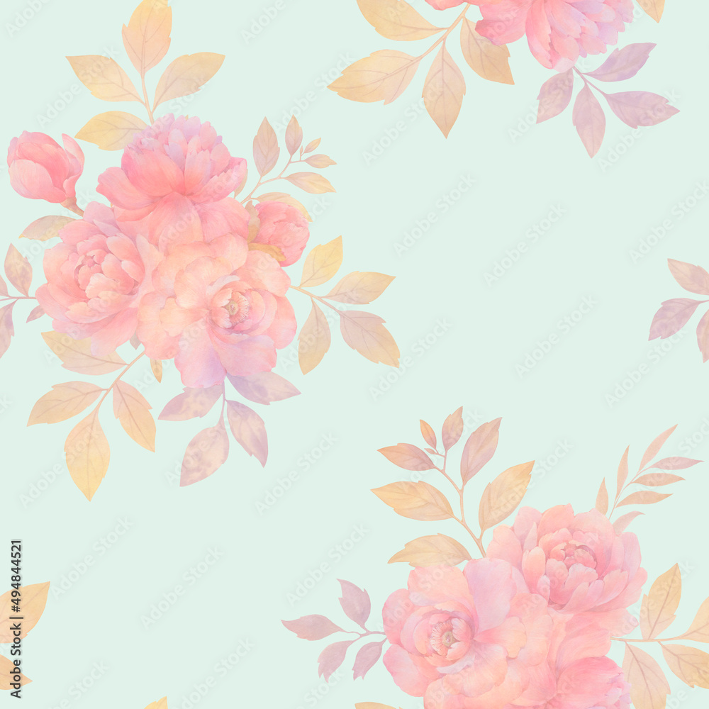 Seamless botanical ornament. Watercolor peony flowers collected in a seamless pattern. Elegant bouquet of peony flowers with leaves on a delicate background.