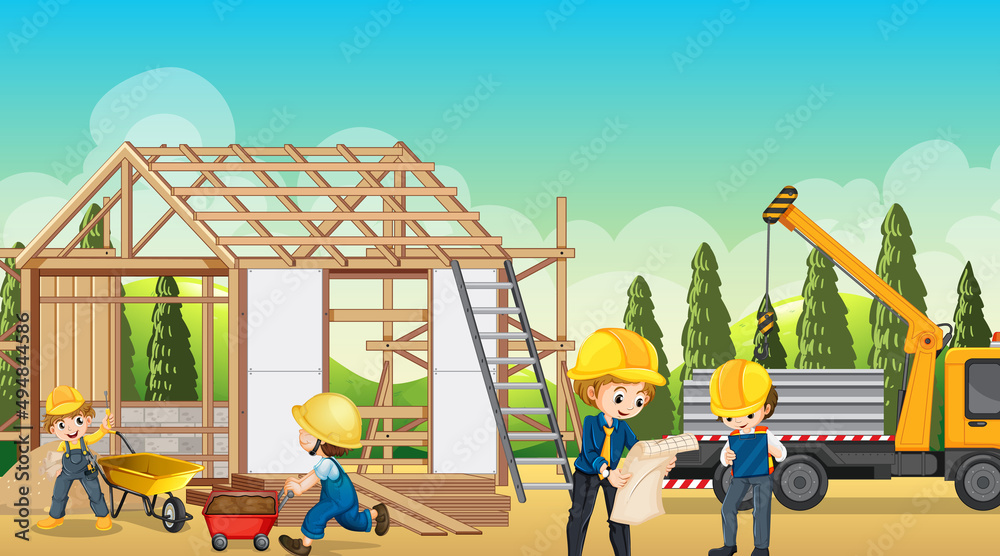 Fototapeta premium Building house construction site and workers