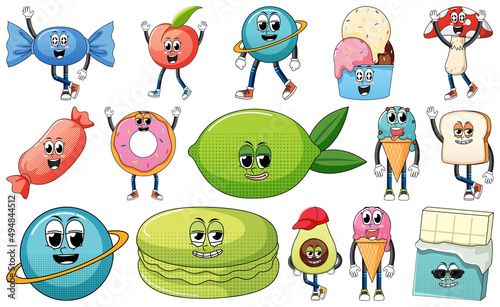 Set of facial expression with vintage style food cartoon on white background