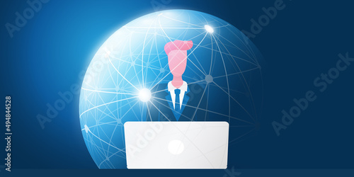 Business Man Behind a Laptop Computer Surfing the Internet, Sitting in an Filter Bubble of a Global Media, Information Network - Concept Design of Intellectual Isolation, One Sided Source of Knowledge