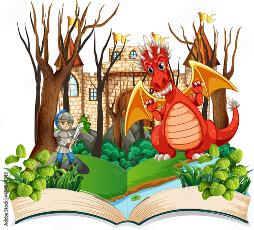 Book with scene of dragon and knight fighting