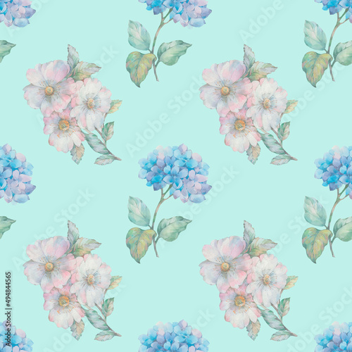 Raster texture of watercolor flowers for design. Delicate watercolor flowers collected in a seamless pattern for textiles, wrapping paper, scrapbooking and wallpapers. © Sergei
