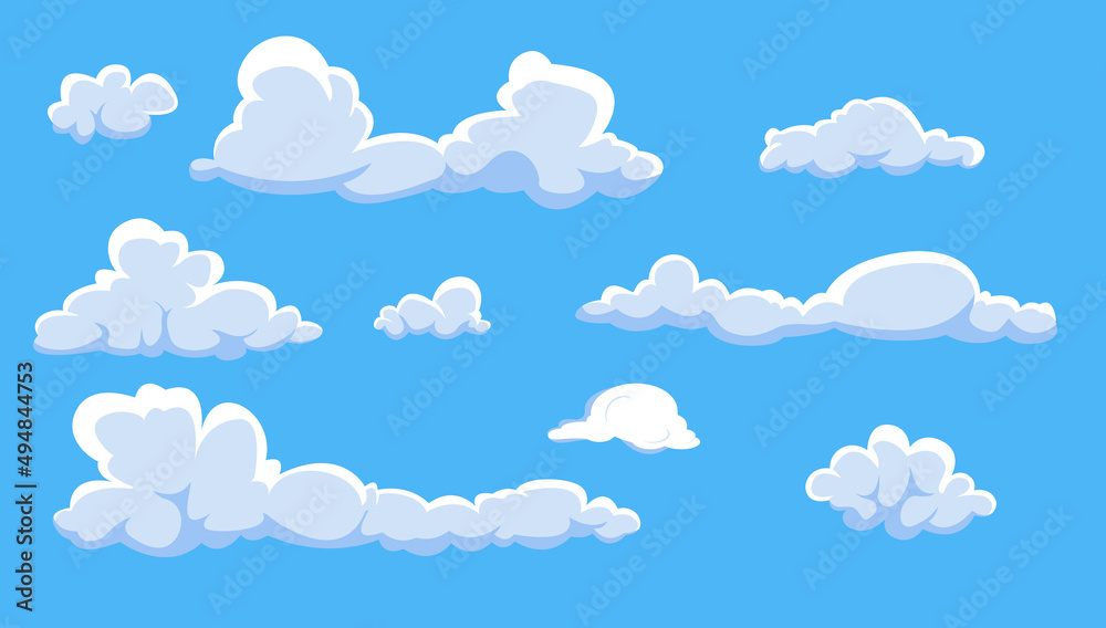 Fototapeta Set of different cartoon clouds isolated on blue sky panorama vector collection