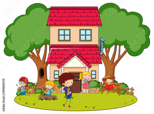 A simple house with kids  in nature background