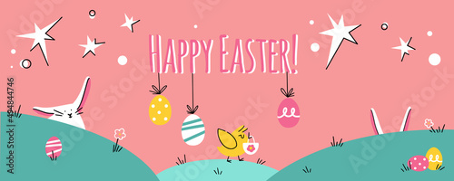 Cute Easter banner with two hidden bunnies and little chicken with basket going to egg hunt. Great for web mailing or greeting banners.