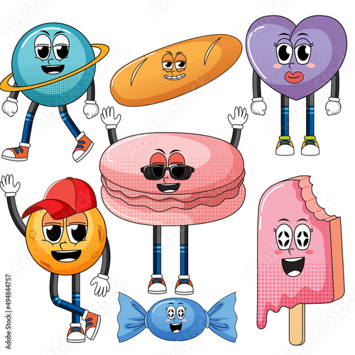Set of facial expression with vintage style food cartoon on white background