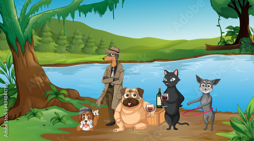 Set of different domestic animals in forest