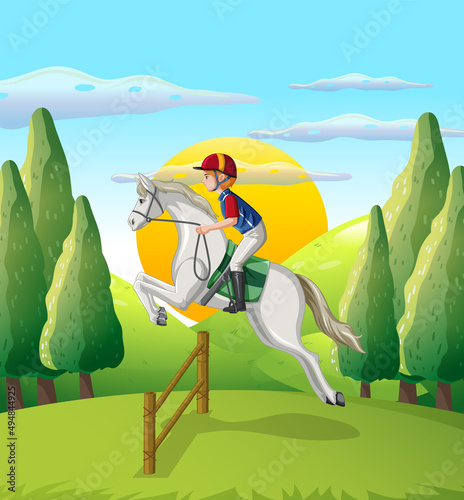 A man riding on a horse at natural scene