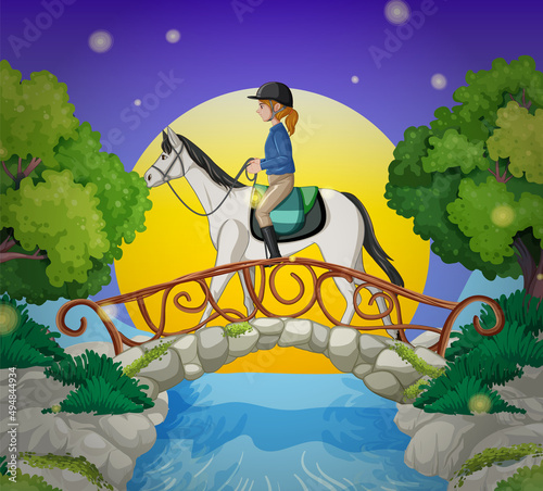A scene of girl riding on a horse at night