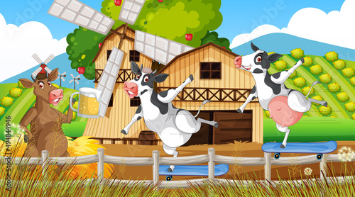 Outdoor cow farm scene with happy animals cartoon