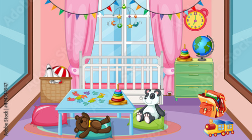 Empty kindergarten classroom interior with many kid toys