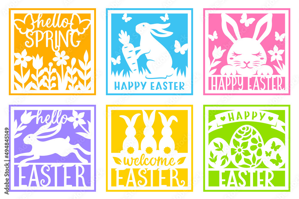 Easter card vector set with bunny,flowers,egg. For paper or laser cutting and sublimation. Happy Easter phrase. Cute characters with spring symbols. Holiday papercut template.