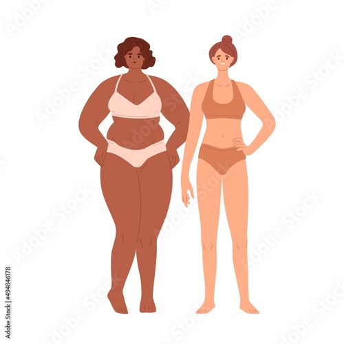 Happy woman with chubby body and sad slim female. People with different weight, figure, shape. Glad rotund vs unhappy slender person. Flat graphic vector illustration isolated on white background