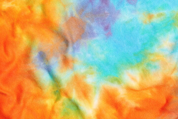 Abstract tie dye multicolor folded fabric cloth Boho pattern texture for background or groovy wedding card, sale flyer, 60s, 70s poster, tie-dye diy backdrop. Modern Watercolor Wet Brush Fabrics Art