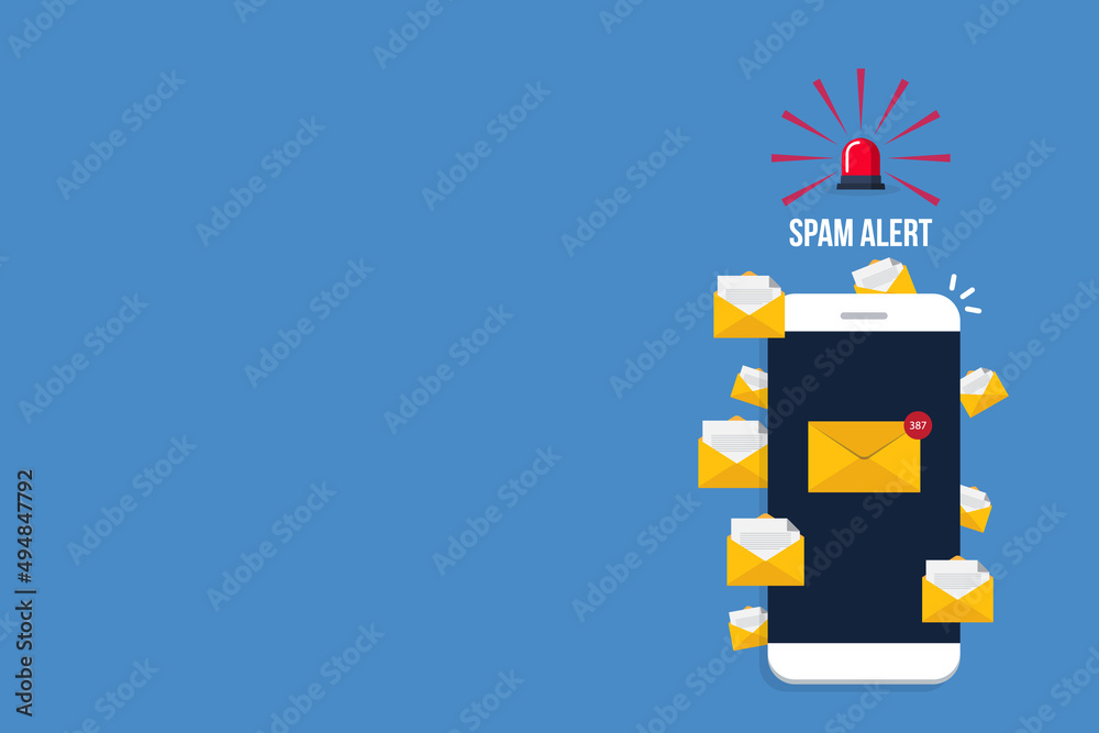 Spamming concept, a lot of emails on the screen of a smart phone. Email box hacking, spam warning. Vector illustration.	