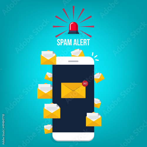 Spamming concept, a lot of emails on the screen of a smart phone. Email box hacking, spam warning. Vector illustration.	