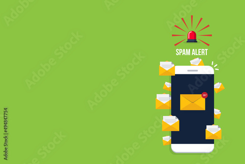 Spamming concept, a lot of emails on the screen of a smart phone. Email box hacking, spam warning. Vector illustration.	