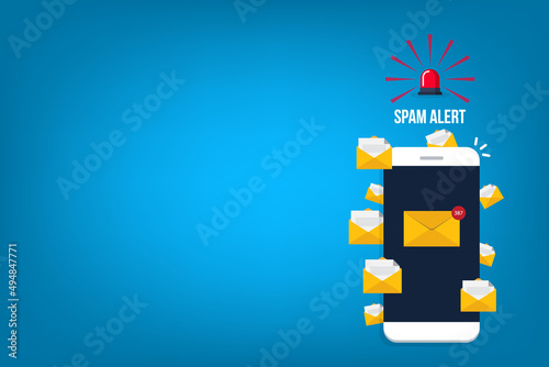 Spamming concept, a lot of emails on the screen of a smart phone. Email box hacking, spam warning. Vector illustration.	