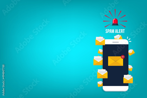 Spamming concept, a lot of emails on the screen of a smart phone. Email box hacking, spam warning. Vector illustration.	