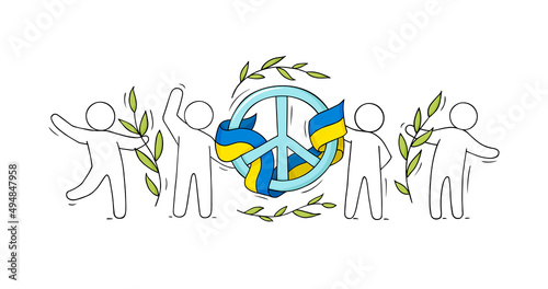 People hold sign of pacifism and the flag of Ukraine.