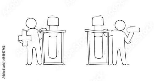 Cartoon character holding test tube with blood.