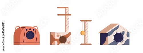 Cats furniture and supplies set. Kitty house, toilet, carrier, scratching post, playground with climbing platforms, condo towers. Pets equipment. Flat vector illustrations isolated on white background