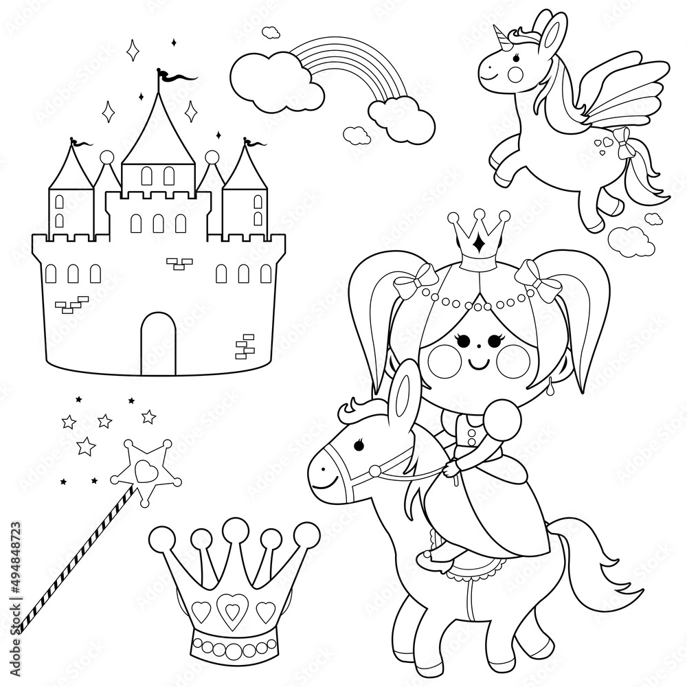 Cute princess and a castle fairy tale collection. Vector black and white coloring page