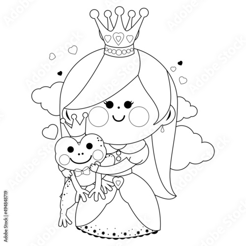 Beautiful princess holding a magical frog. Vector black and white coloring page