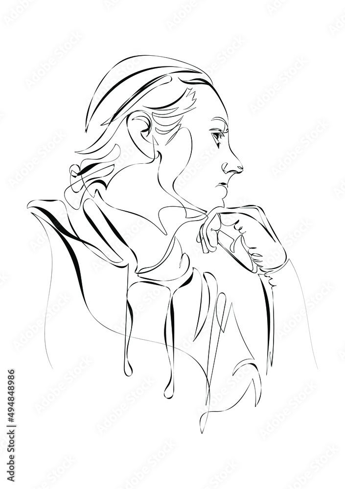 The face of a thoughtful girl in profile, drawn in a single black line on a white background. The face of a thoughtful girl in profile, drawn in a single black line on a white background.