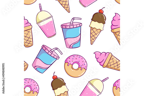 seamless pattern of  tasty sweet food with ice cream, soda and milkshake