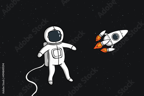floating cute astronaut boy with space rocket