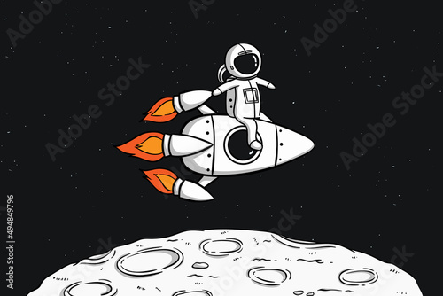 hand drawn astronaut with space rocket on the moon