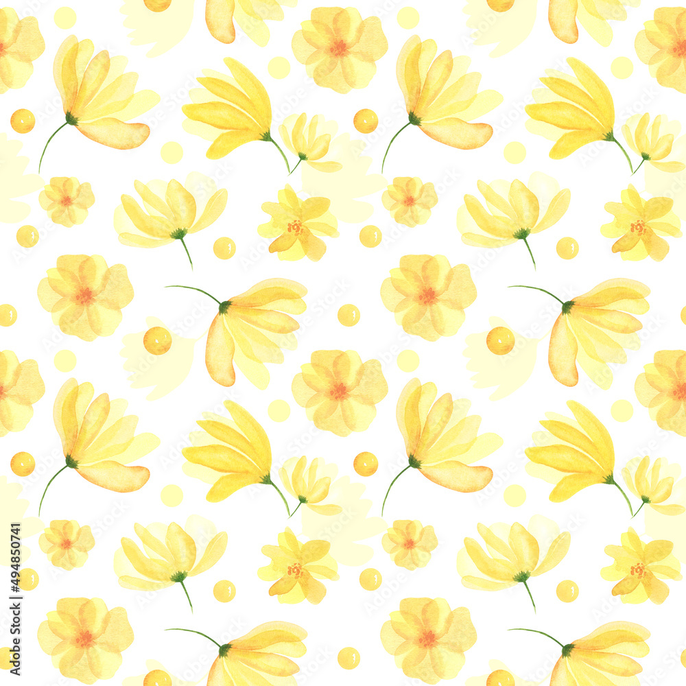 Abstract yellow transparent flowers with green leaves watercolor beautiful seamless patterns illustration Abstract yellow transparent flowers with green leaves watercolor beautiful seamless patterns illustration
