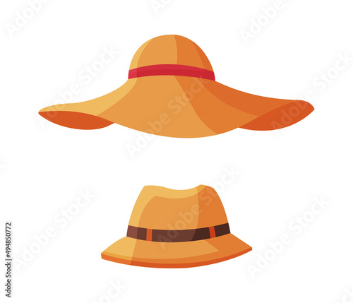 Straw hats set. Summer vacation accessories cartoon vector illustration